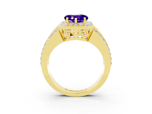Yellow gold Heart Cut Halo Tanzanite Ring with Round  Split Shank and Prong Setting
