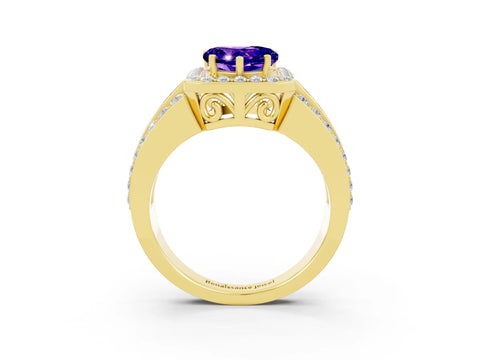 Yellow gold Heart Cut Halo Tanzanite Ring with Split Shank and Four-Prong Setting_3