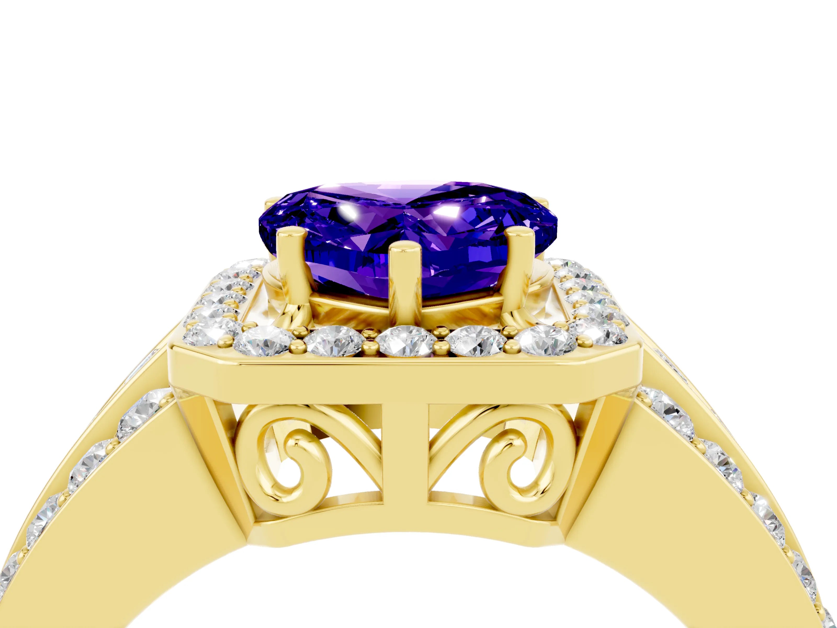 Yellow gold Heart Cut Halo Tanzanite Ring with Split Shank and Four-Prong Setting_4