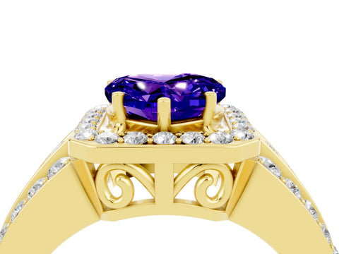 Yellow gold Heart Cut Halo Tanzanite Ring with Split Shank and Four-Prong Setting_4