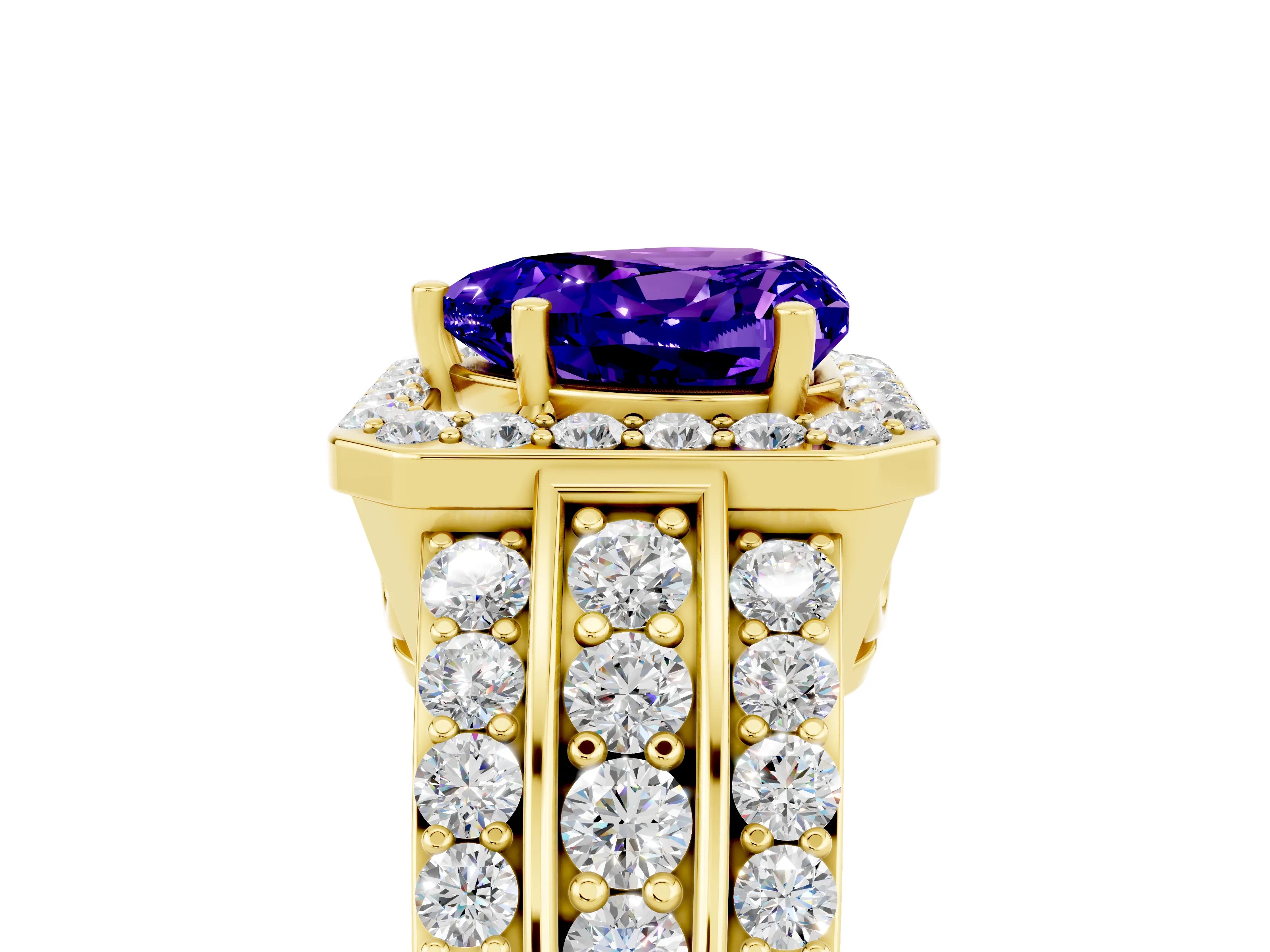 Yellow gold Heart Cut Halo Tanzanite Ring with Split Shank and Four-Prong Setting_5