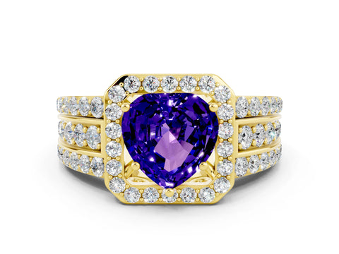 Yellow gold Heart Cut Halo Tanzanite Ring with Split Shank and Four-Prong Setting