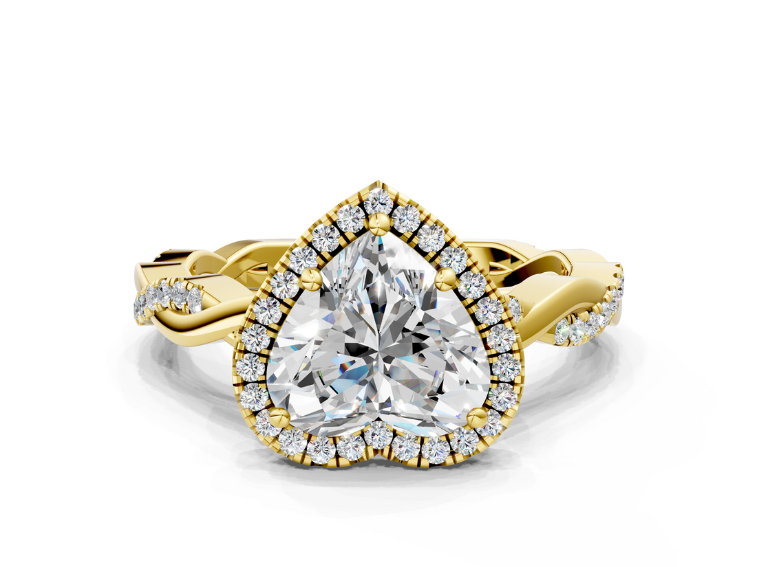 Yellow gold Heart Cut Halo Twisted Band Four-Prong Ring_33