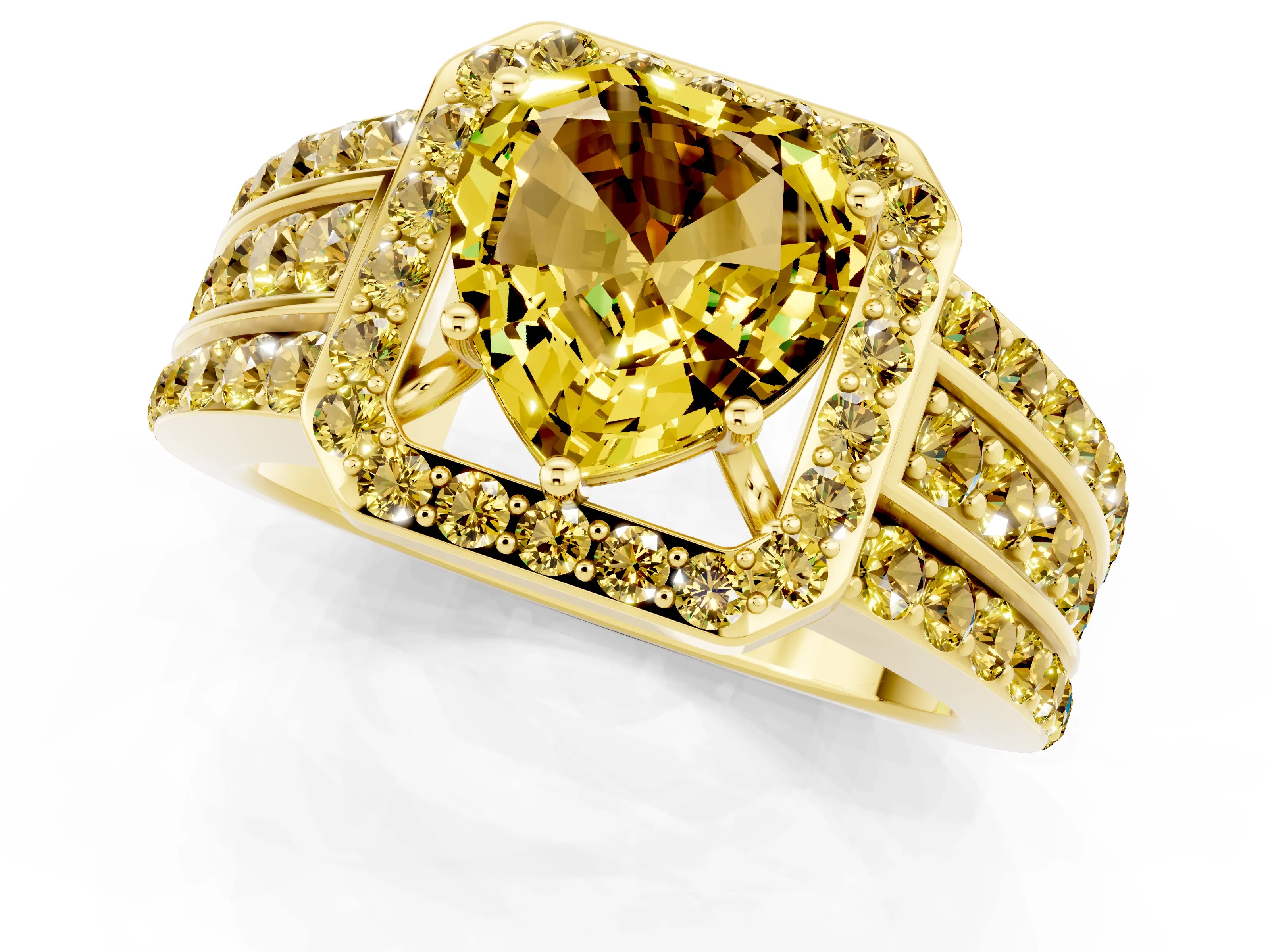 Yellow gold Heart Cut Halo Yellow Sapphire Ring with Split Shank and Four-Prong Setting_1