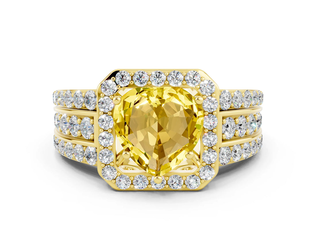 Yellow gold Heart Cut Halo Yellow Sapphire Ring with Split Shank and Four-Prong Setting_24