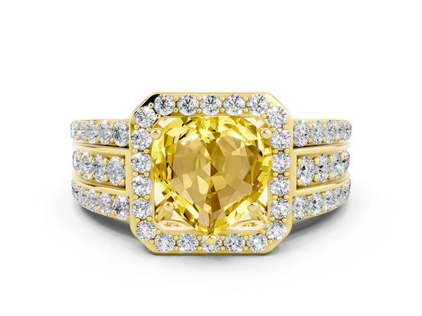 Yellow gold Heart Cut Halo Yellow Sapphire Ring with Round  Split Shank and Prong Setting