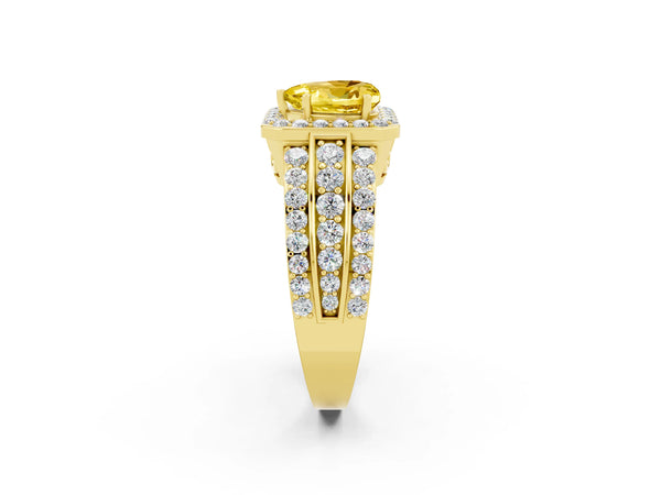 Yellow gold Heart Cut Halo Yellow Sapphire Ring with Round  Split Shank and Prong Setting