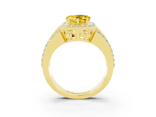 Yellow gold Heart Cut Halo Yellow Sapphire Ring with Round  Split Shank and Prong Setting