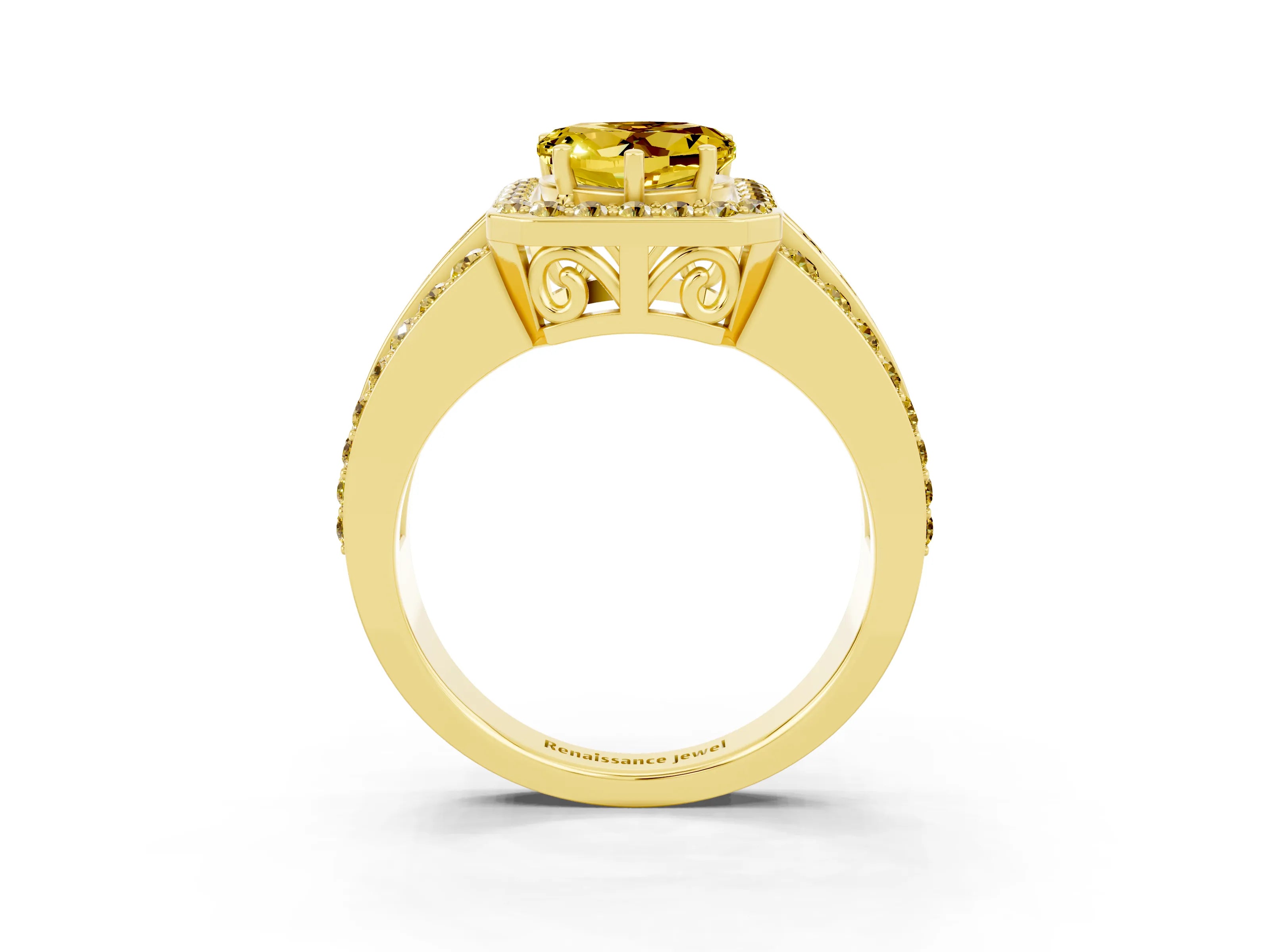 Yellow gold Heart Cut Halo Yellow Sapphire Ring with Split Shank and Four-Prong Setting_3