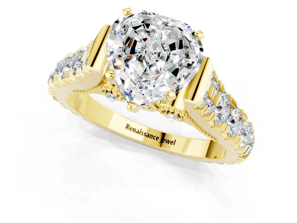 Yellow gold Heart Cut Moissanite Classic Solitaire Ring with Pavé Band and Four-Prong Setting