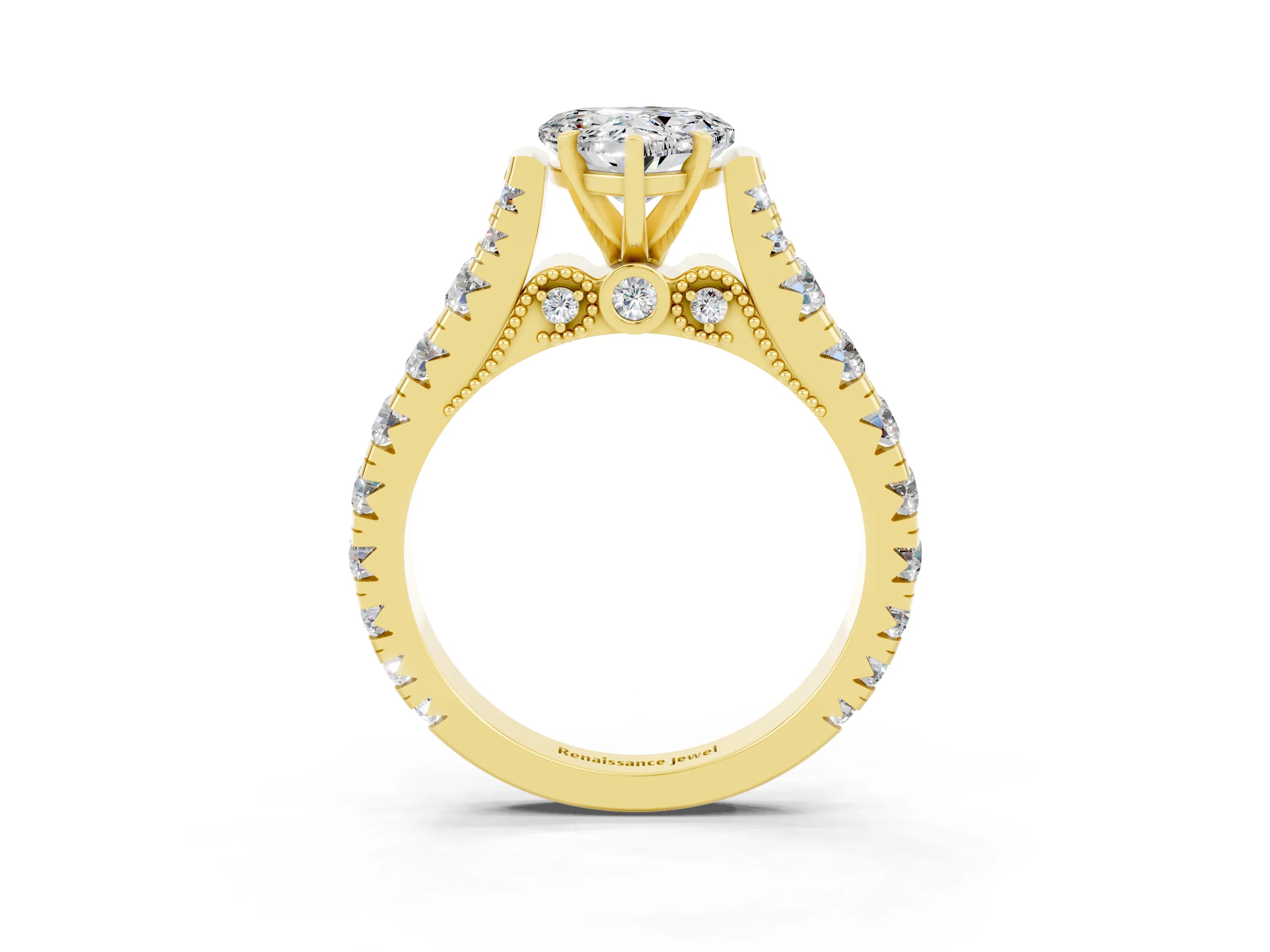 Yellow gold Heart Cut Moissanite Classic Solitaire Ring with Pavé Band and Four-Prong Setting_3