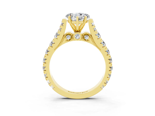 Yellow gold Heart Cut Moissanite Classic Solitaire Ring with Pavé Band and Four-Prong Setting