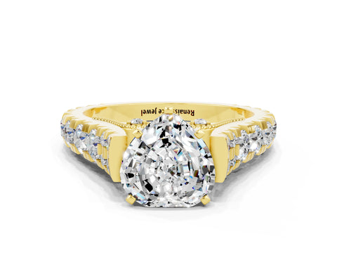 Yellow gold Heart Cut Moissanite Classic Solitaire Ring with Pavé Band and Four-Prong Setting