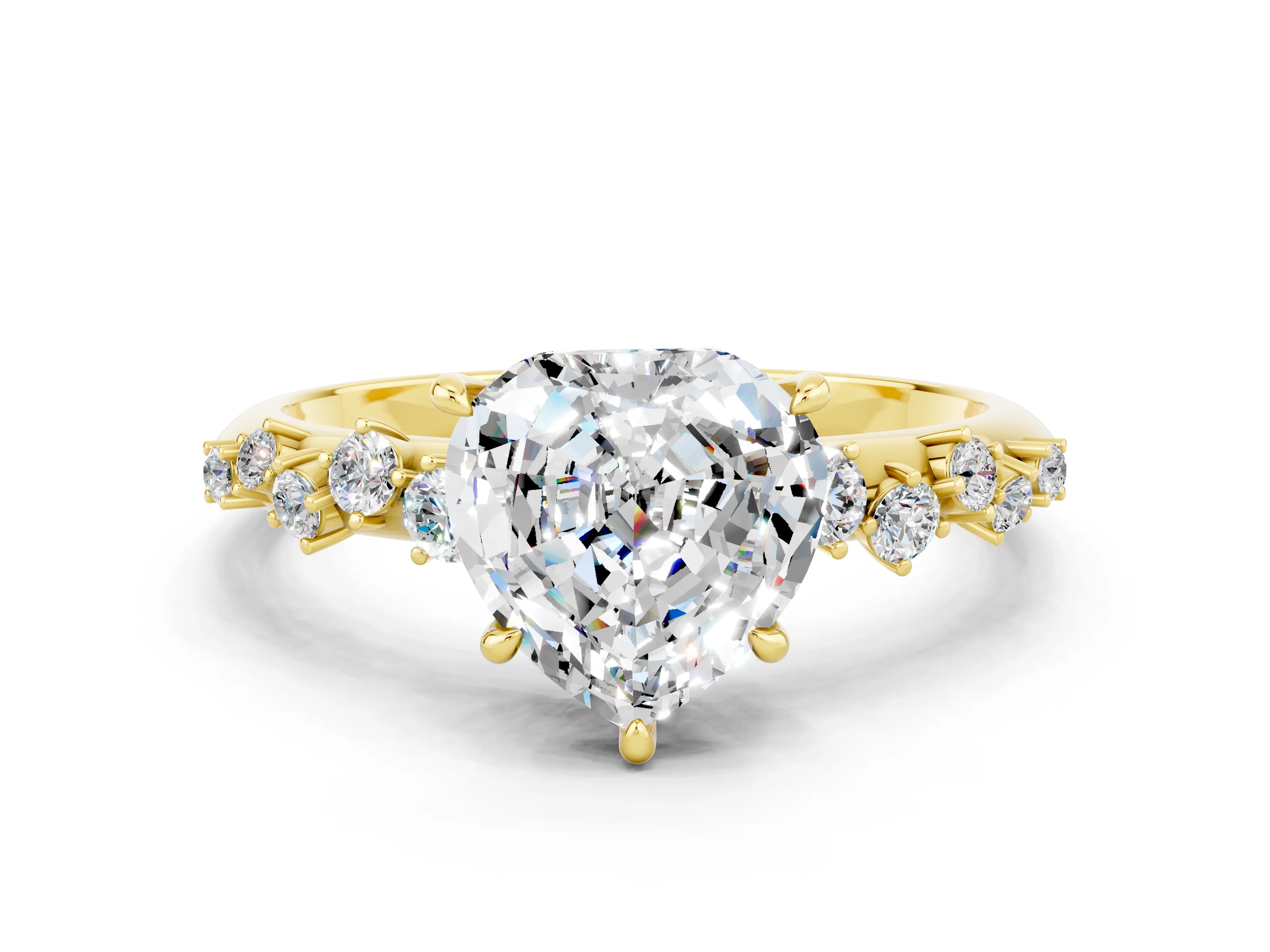 Yellow gold Heart Cut Moissanite Cluster Side Stone Solitaire Ring with Prong Setting_24