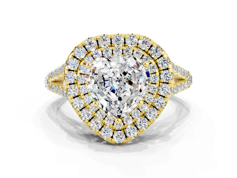 Yellow gold Heart Cut Moissanite Double Halo Ring with Pavé Band and Prong Setting_12