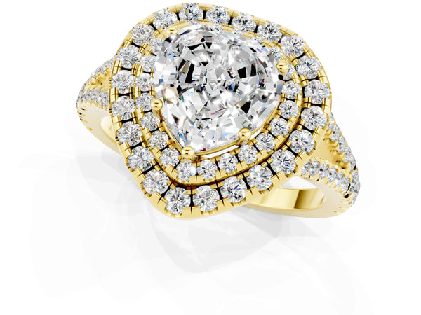 Yellow gold Heart Cut Moissanite Double Halo Ring with Pavé Band and Prong Setting