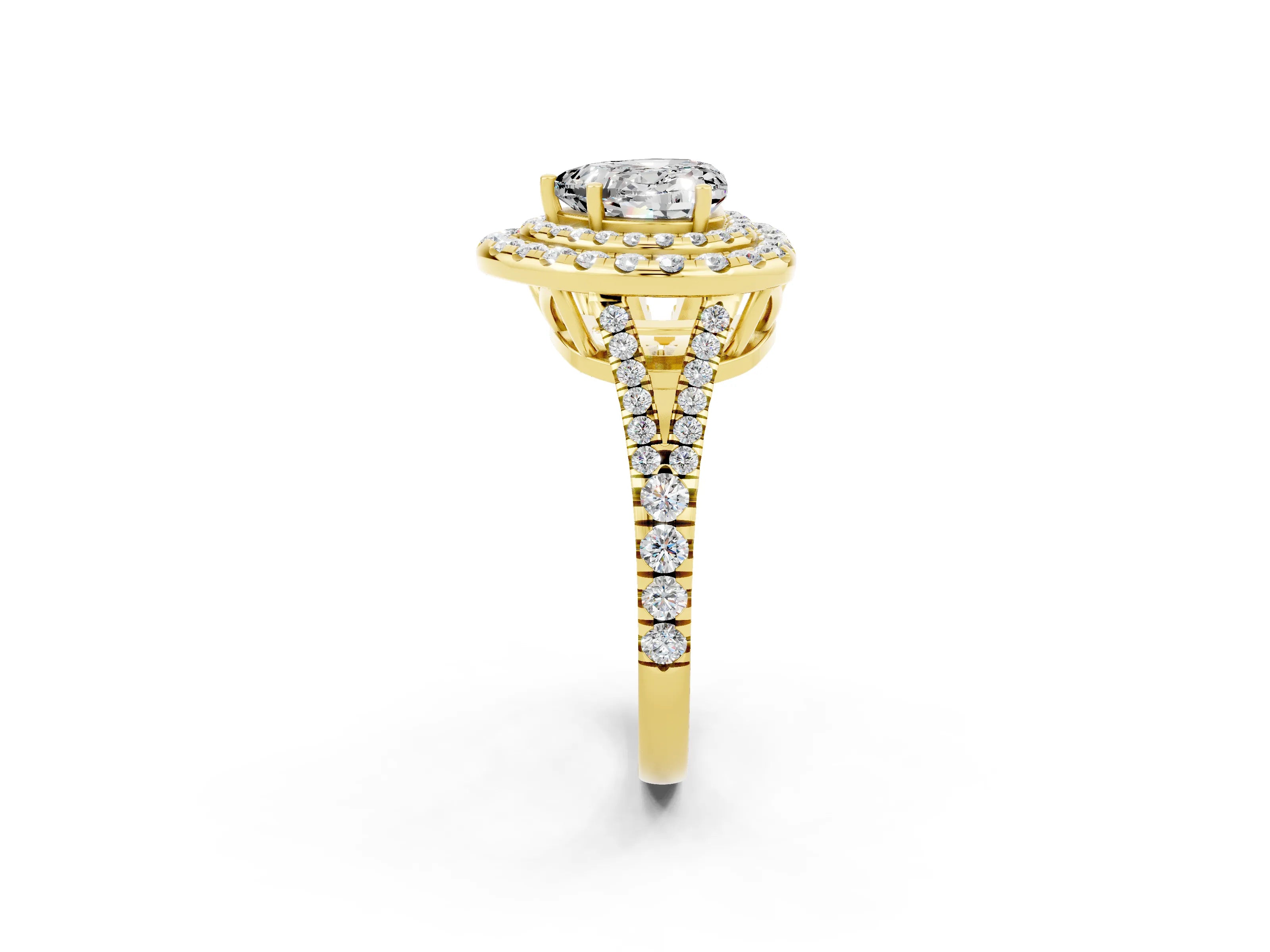 Yellow gold Heart Cut Moissanite Double Halo Ring with Pavé Band and Prong Setting_14
