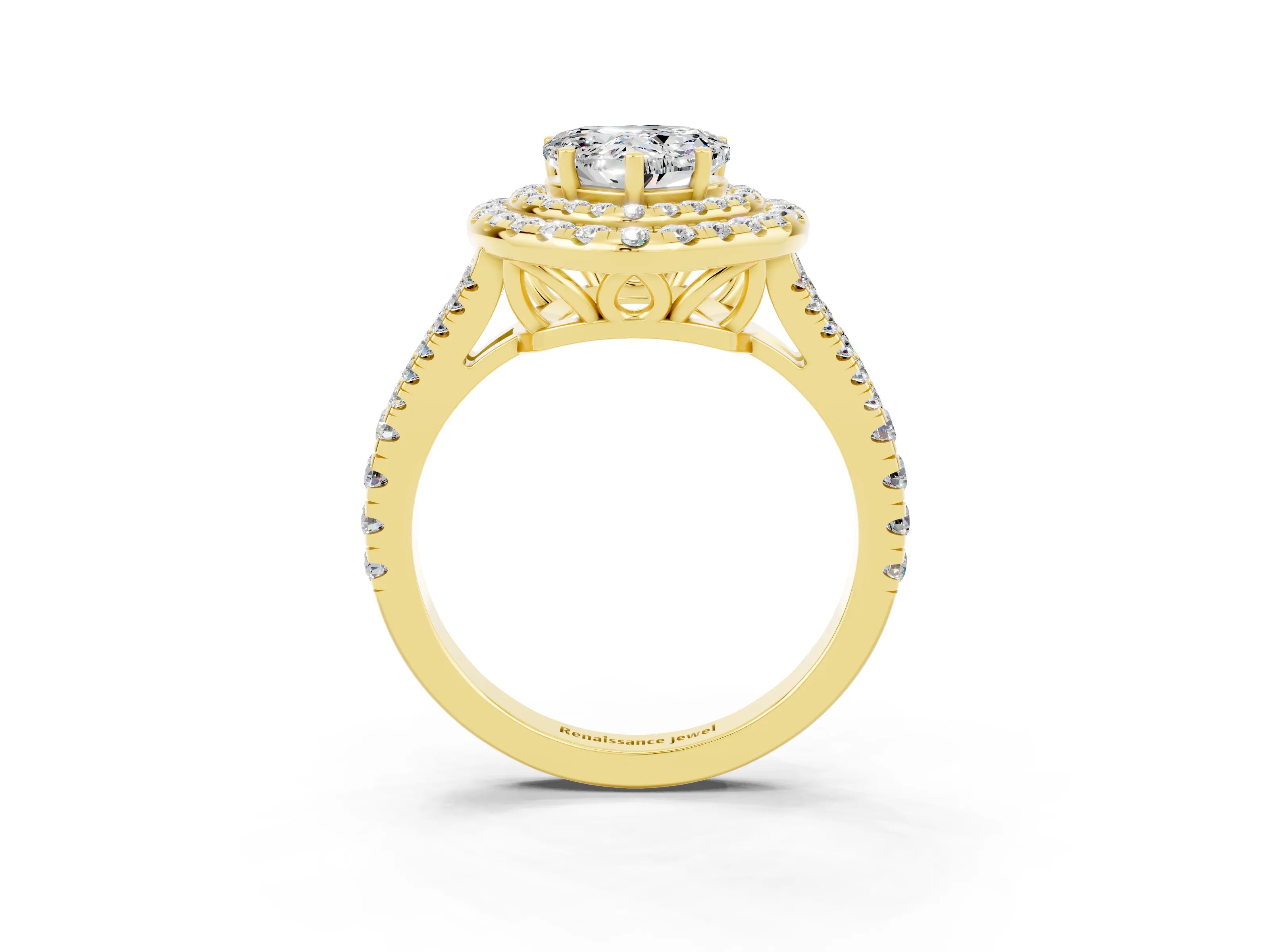 Yellow gold Heart Cut Moissanite Double Halo Ring with Pavé Band and Prong Setting_15