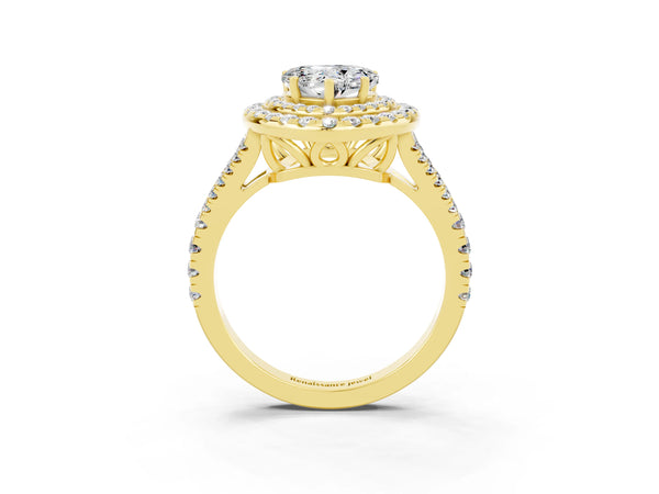 Yellow gold Heart Cut Moissanite Double Halo Ring with Pavé Band and Prong Setting