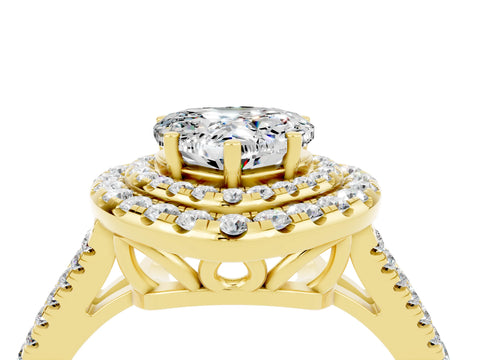 Yellow gold Heart Cut Moissanite Double Halo Ring with Pavé Band and Prong Setting_16