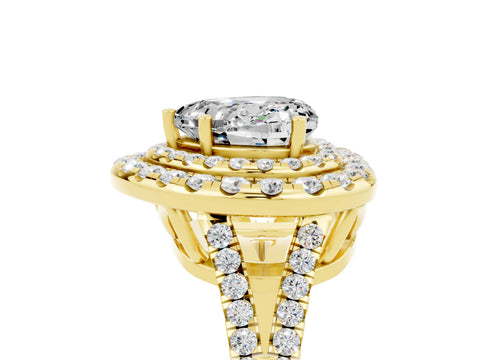 Yellow gold Heart Cut Moissanite Double Halo Ring with Pavé Band and Prong Setting_17
