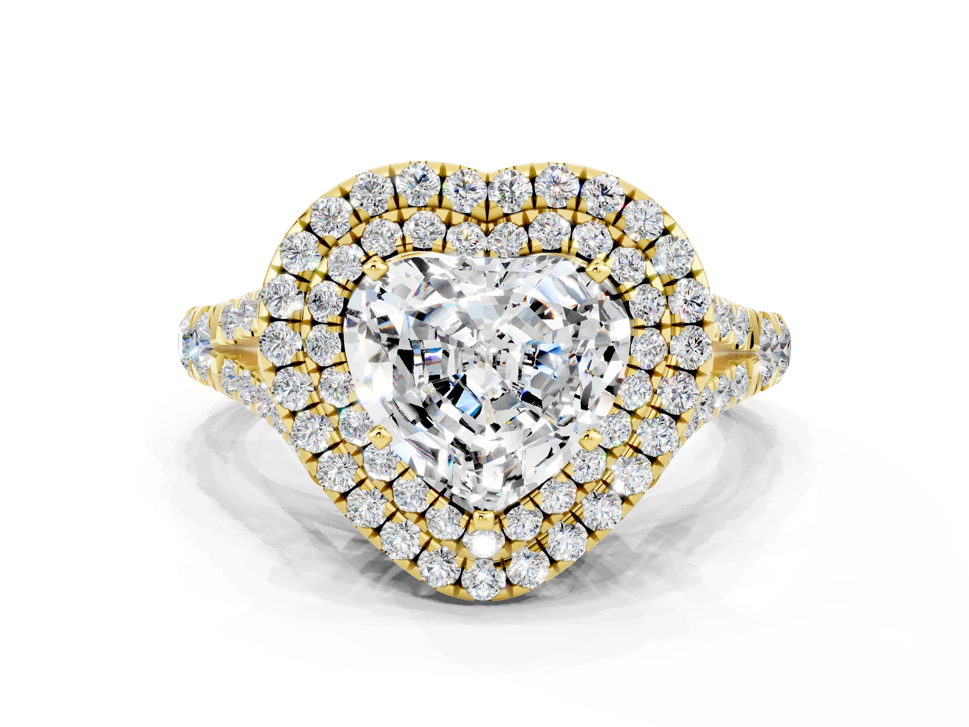 Yellow gold Heart Cut Moissanite Double Halo Ring with Split Shank and Prong Setting_12