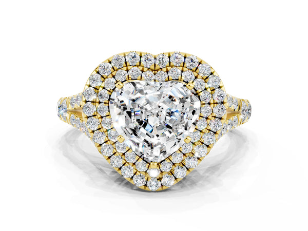 Yellow gold Heart Cut Moissanite Double Halo Ring with Split Shank and Prong Setting