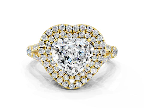 Yellow gold Heart Cut Moissanite Double Halo Ring with Split Shank and Prong Setting_12