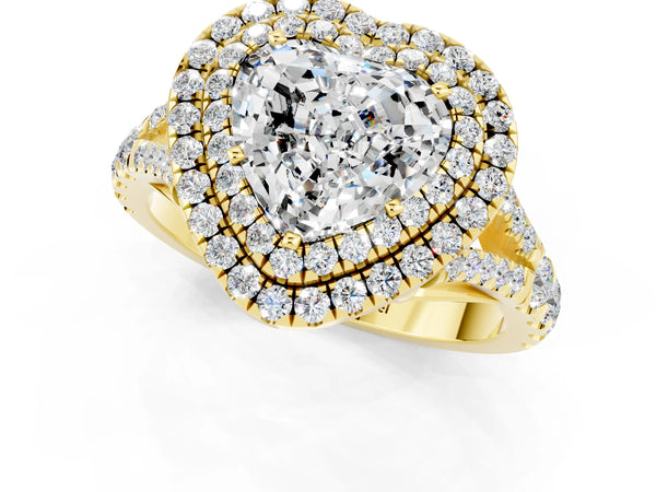 Yellow gold Heart Cut Moissanite Double Halo Ring with Split Shank and Prong Setting
