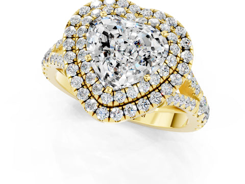 Yellow gold Heart Cut Moissanite Double Halo Ring with Split Shank and Prong Setting_13