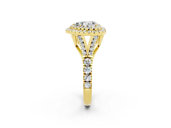 Yellow gold Heart Cut Moissanite Double Halo Ring with Split Shank and Prong Setting