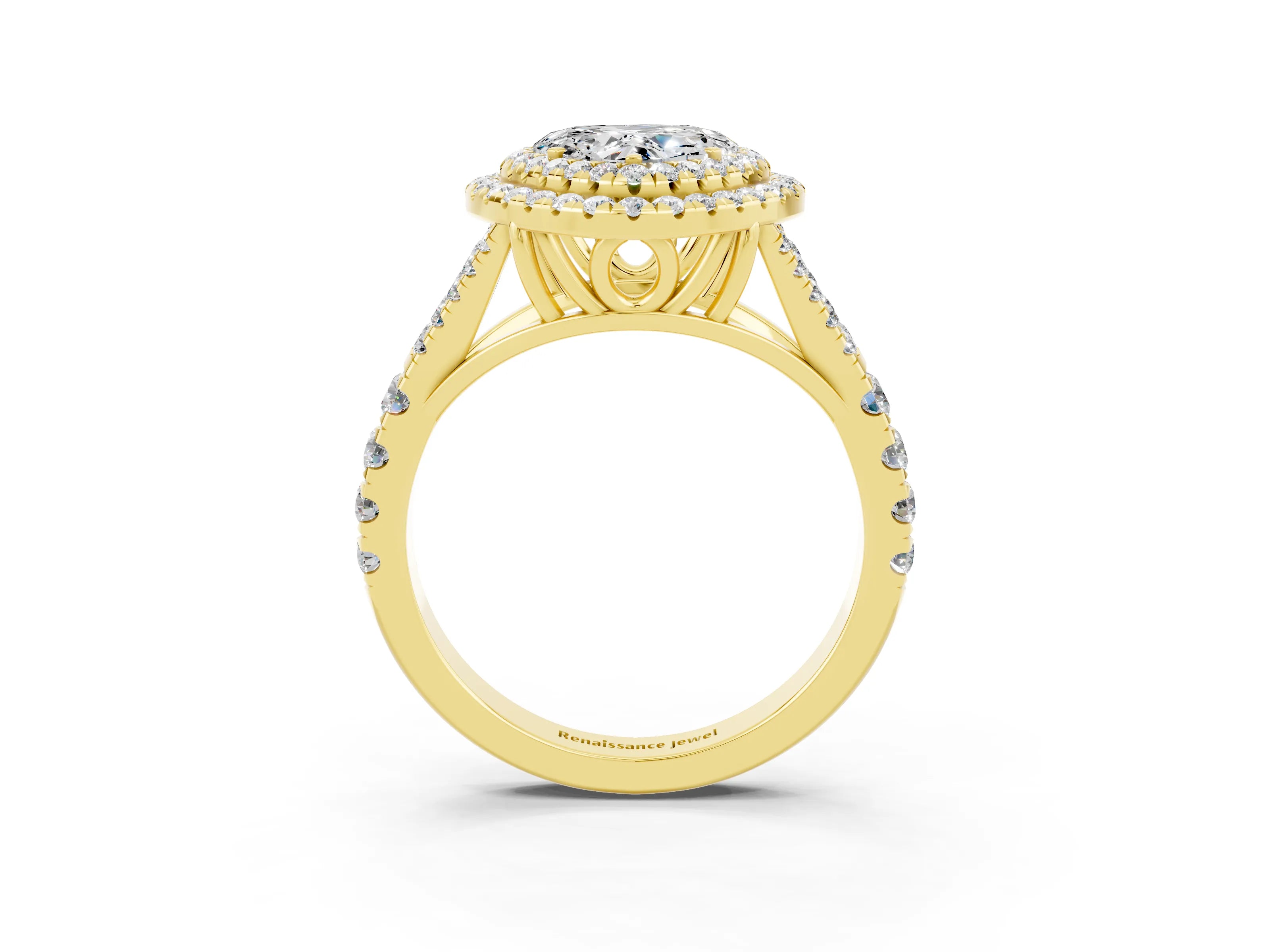 Yellow gold Heart Cut Moissanite Double Halo Ring with Split Shank and Prong Setting_15