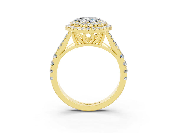 Yellow gold Heart Cut Moissanite Double Halo Ring with Split Shank and Prong Setting