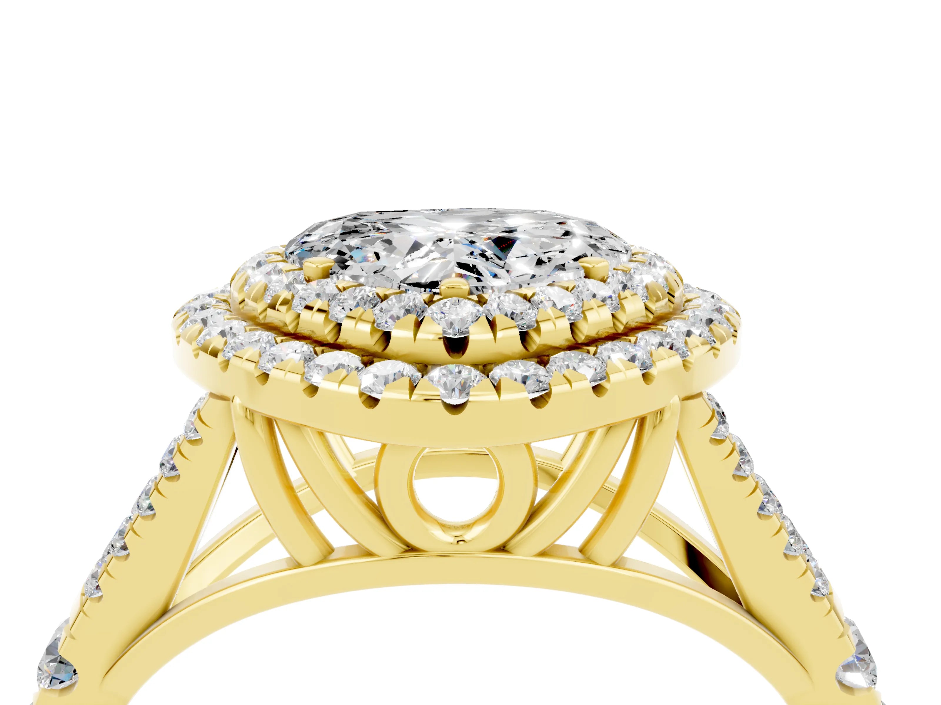 Yellow gold Heart Cut Moissanite Double Halo Ring with Split Shank and Prong Setting_16