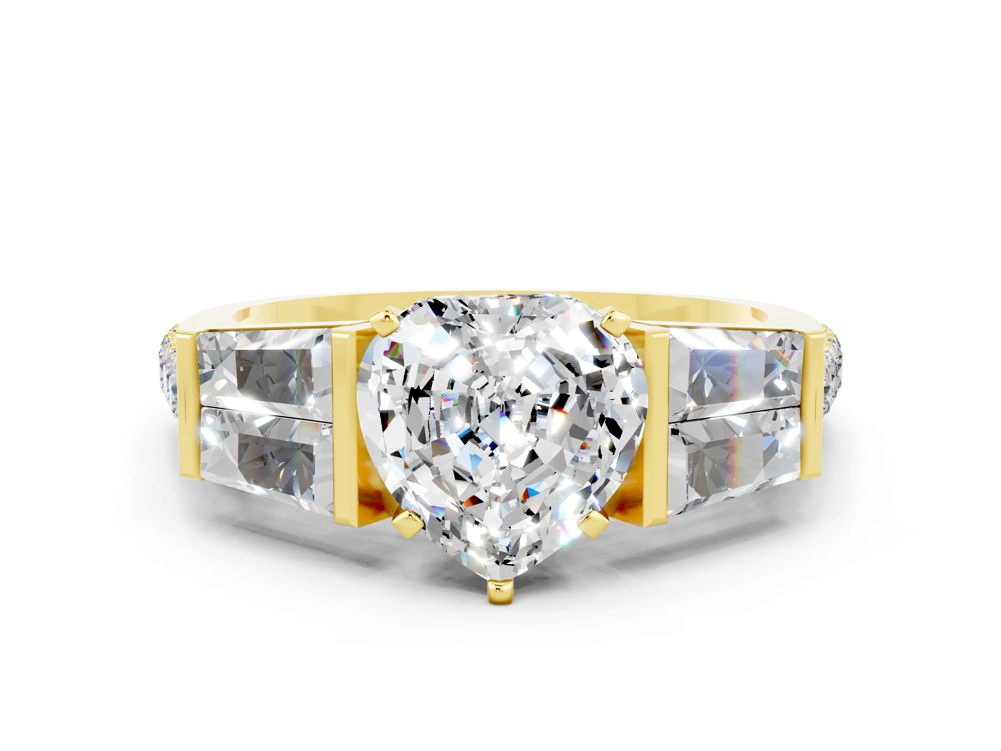 Yellow gold Heart Cut Moissanite Engagement Ring with Baguette Side Stones and Channel Set Band