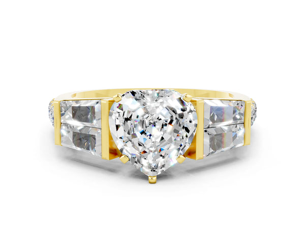 Yellow gold Heart Cut Moissanite Engagement Ring with Baguette Side Stones and Channel Set Band