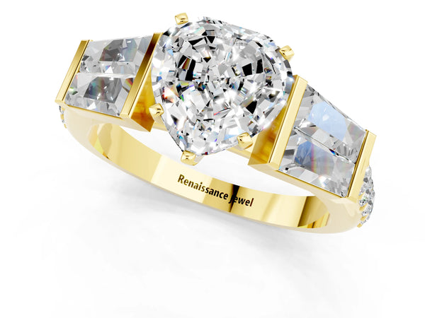Yellow gold Heart Cut Moissanite Engagement Ring with Baguette Side Stones and Channel Set Band