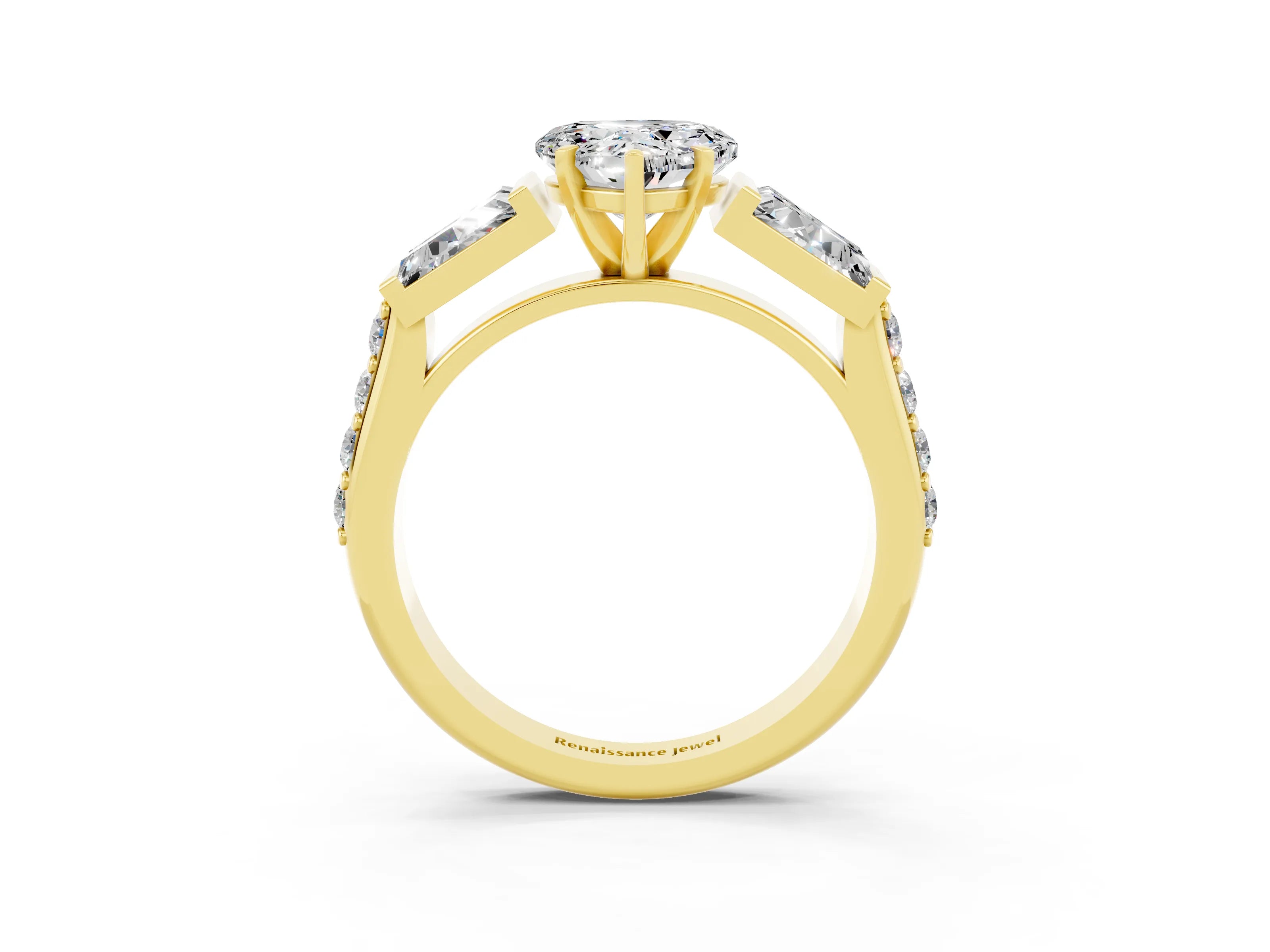 Yellow gold Heart Cut Moissanite Engagement Ring with Baguette Side Stones and Channel Set Band_3