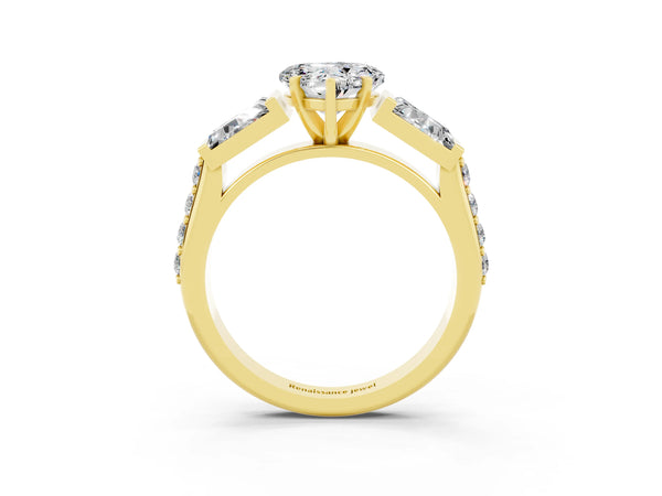 Yellow gold Heart Cut Moissanite Engagement Ring with Baguette Side Stones and Channel Set Band