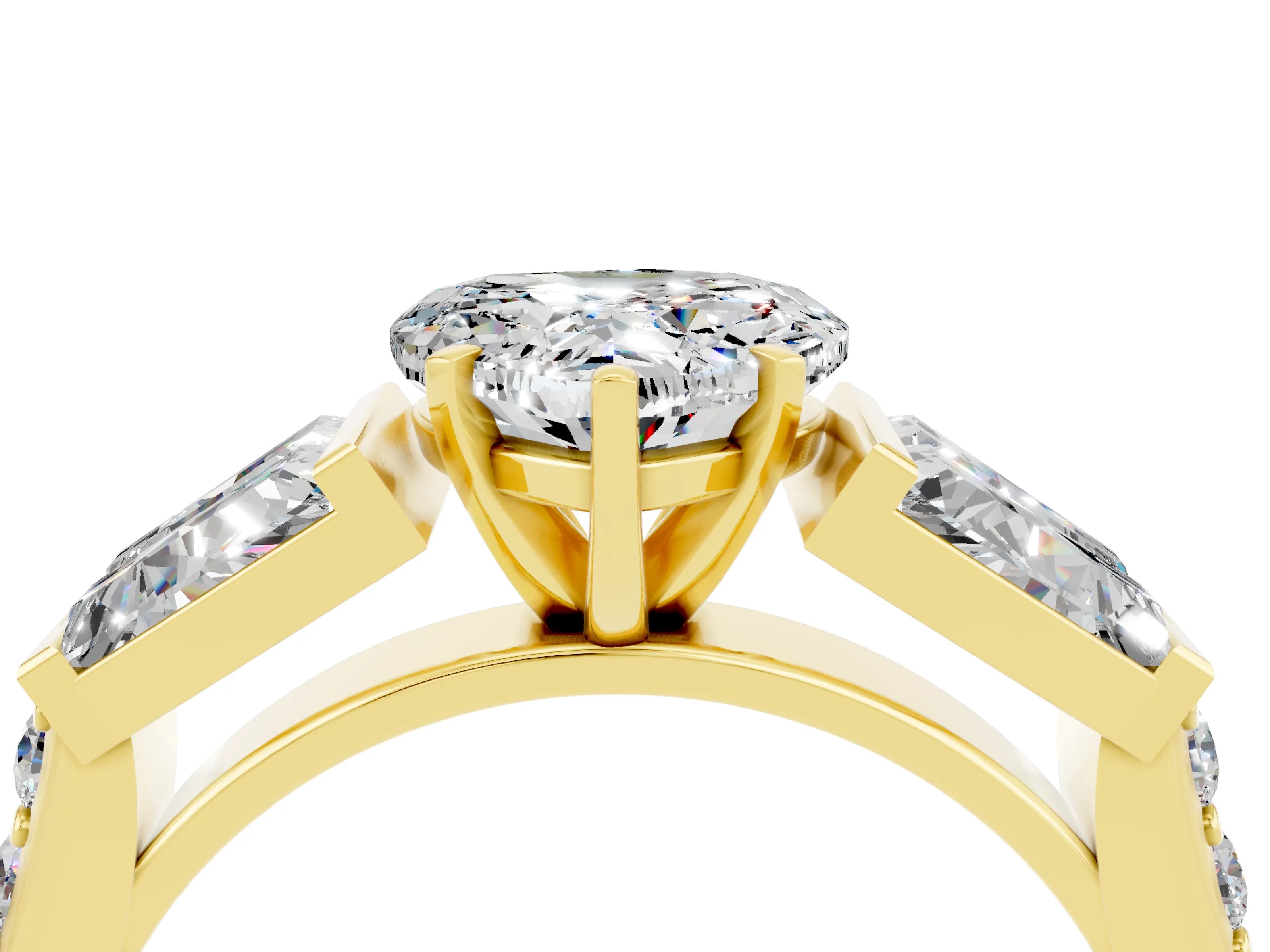 Yellow gold Heart Cut Moissanite Engagement Ring with Baguette Side Stones and Channel Set Band_4