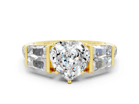 Yellow gold Heart Cut Moissanite Engagement Ring with Baguette Side Stones and Channel Set Band