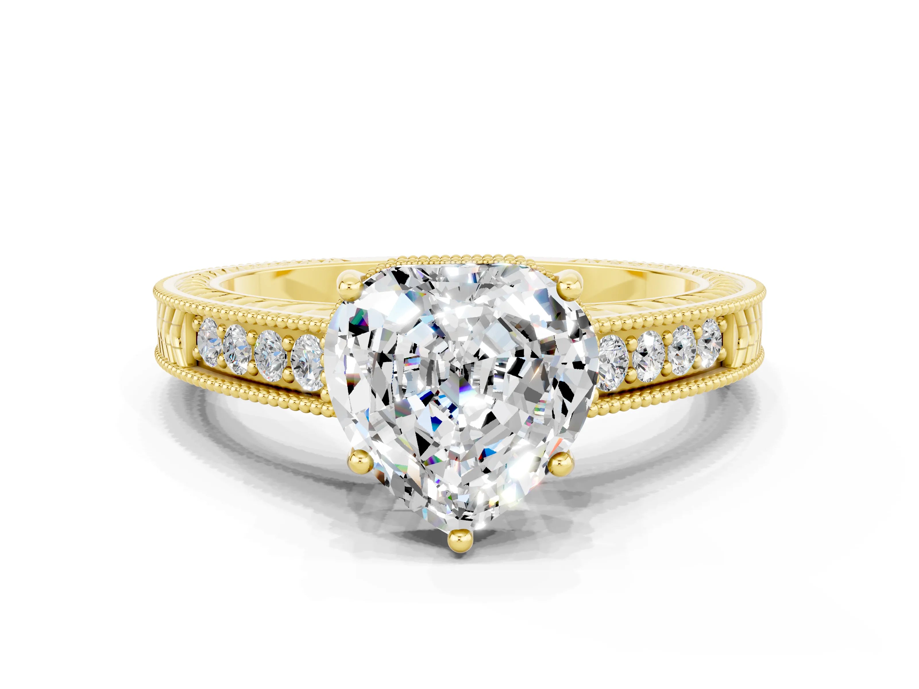 Yellow gold Heart Cut Moissanite Engagement Ring with Milgrain Channel Set Band and Prong Setting