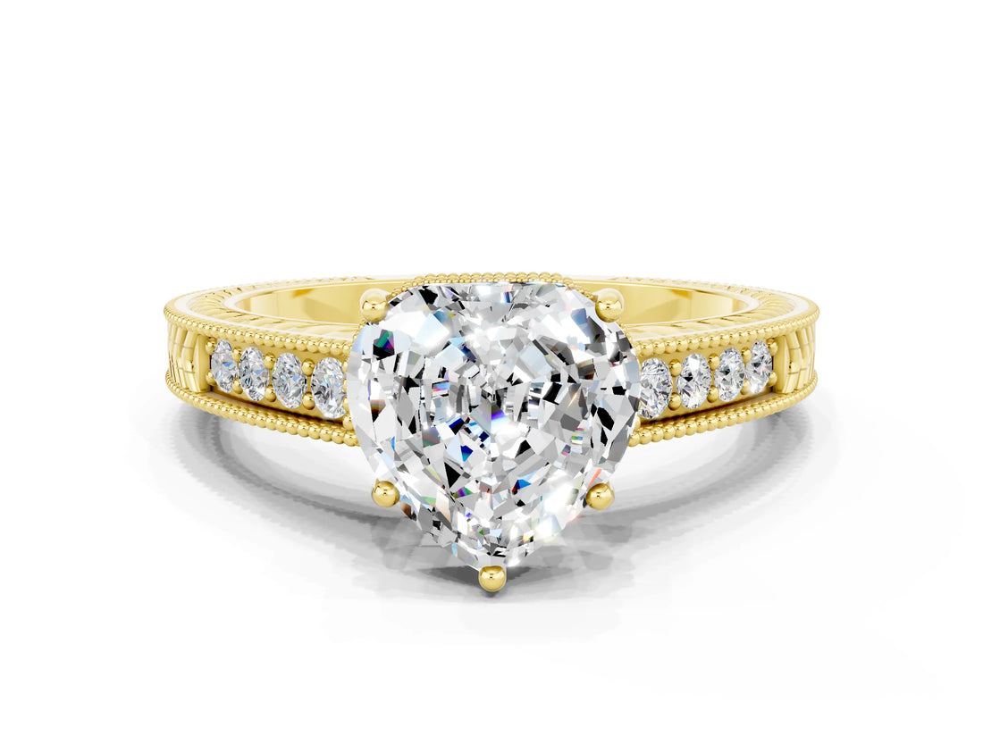 Yellow gold Heart Cut Moissanite Engagement Ring with Milgrain Channel Set Band and Prong Setting