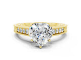 Yellow gold Heart Cut Moissanite Engagement Ring with Milgrain Channel Set Band and Prong Setting