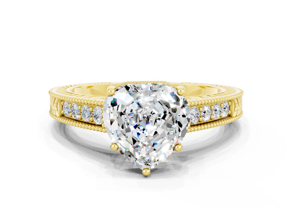 Yellow gold Heart Cut Moissanite Engagement Ring with Milgrain Channel Set Band and Prong Setting