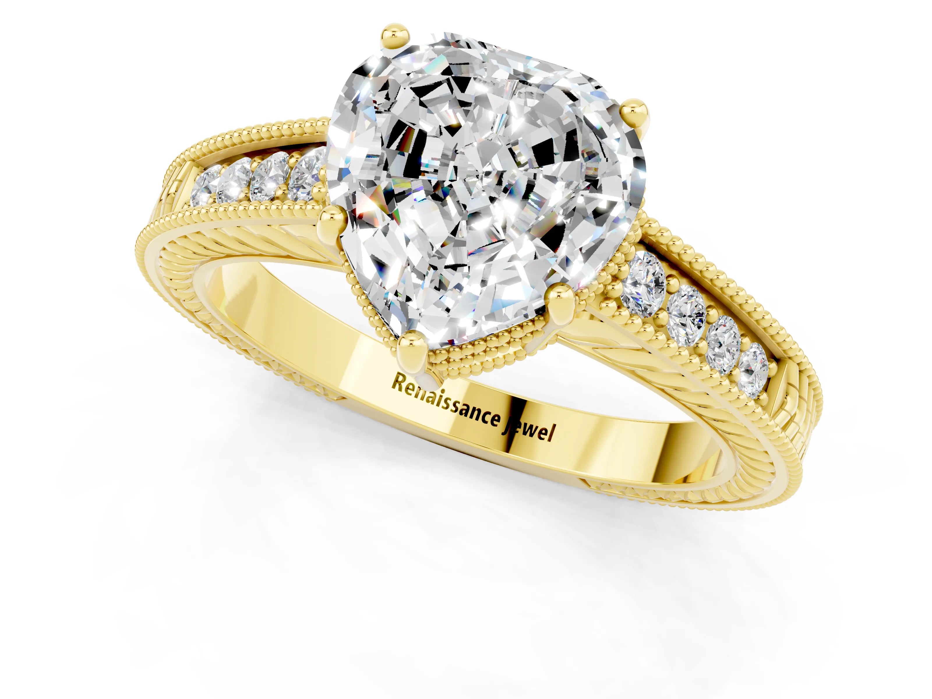 Yellow gold Heart Cut Moissanite Engagement Ring with Milgrain Channel Set Band and Prong Setting_1