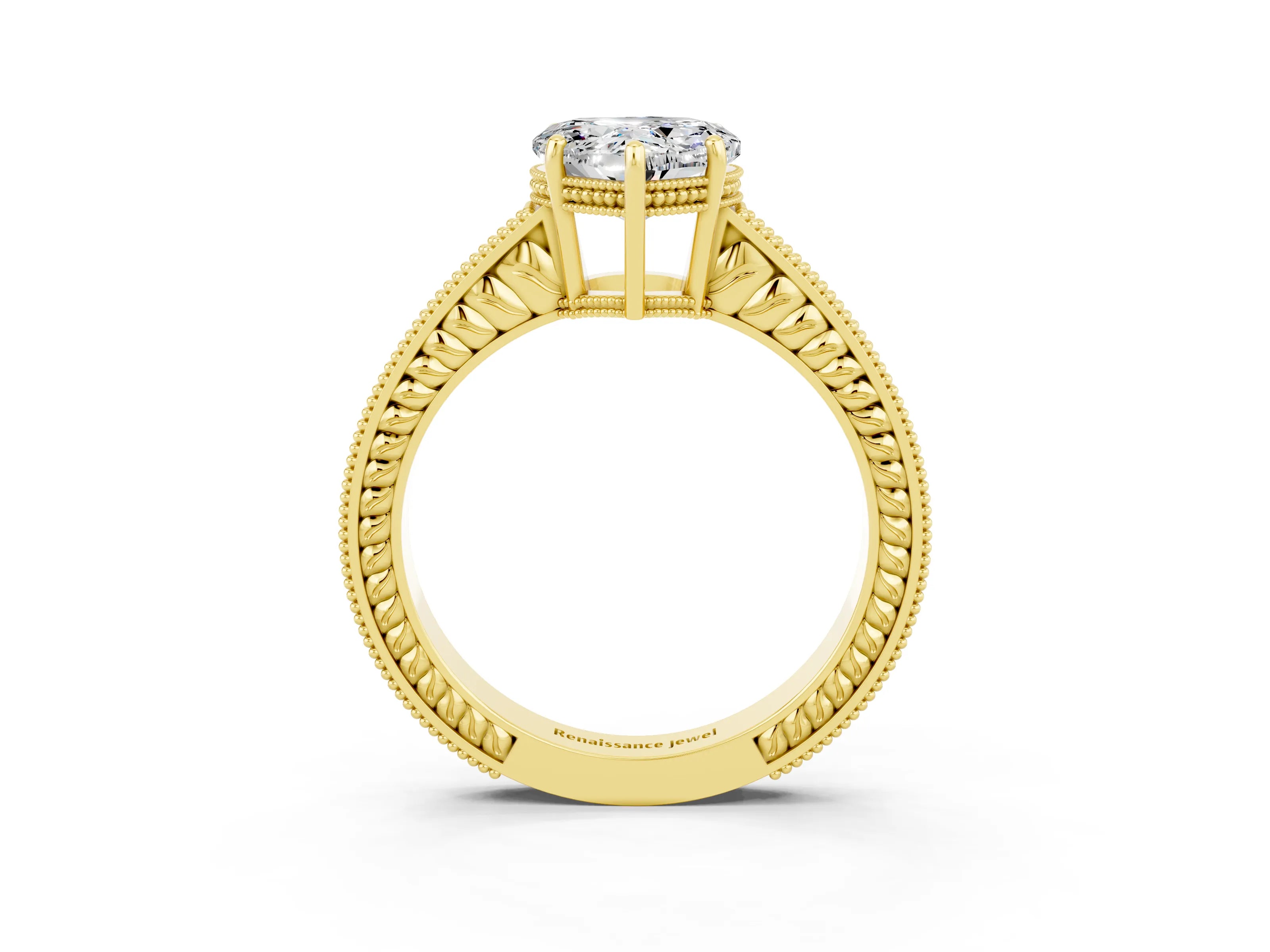 Yellow gold Heart Cut Moissanite Engagement Ring with Milgrain Channel Set Band and Prong Setting_3