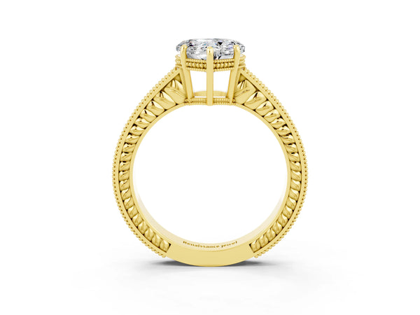 Yellow gold Heart Cut Moissanite Engagement Ring with Milgrain Channel Set Band and Prong Setting