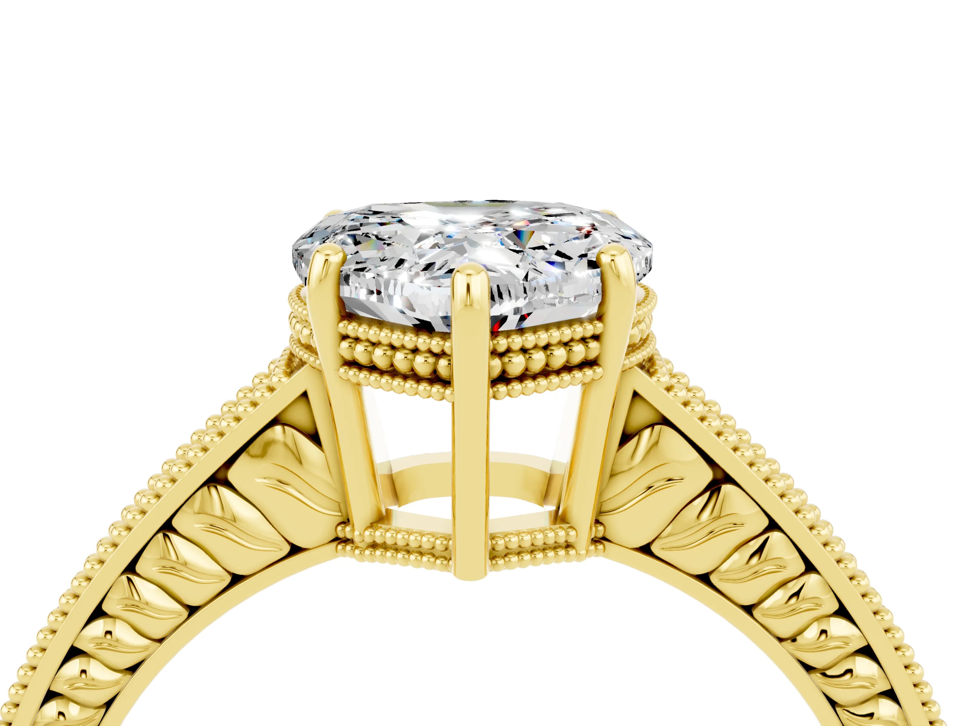 Yellow gold Heart Cut Moissanite Engagement Ring with Milgrain Channel Set Band and Prong Setting_4