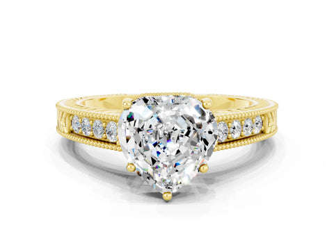 Yellow gold Heart Cut Moissanite Engagement Ring with Milgrain Channel Set Band and Prong Setting